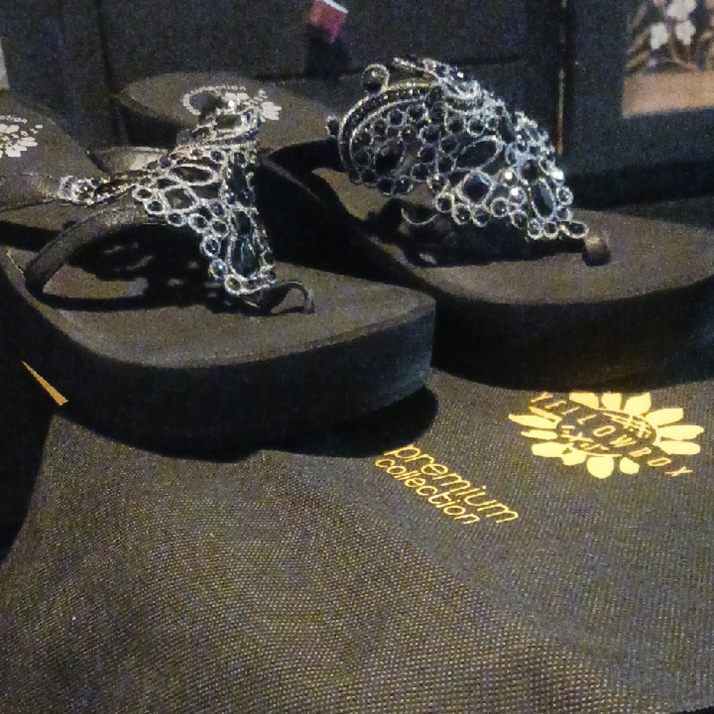 Yellow Box Black Sandals with Silver Accents